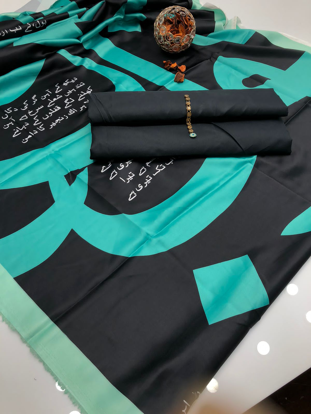 Calligraphy Digital Print Silk Dupatta with Kataan Silk Shirt and Trouser: A Stylish and Elegant Outfit for Any Occasion