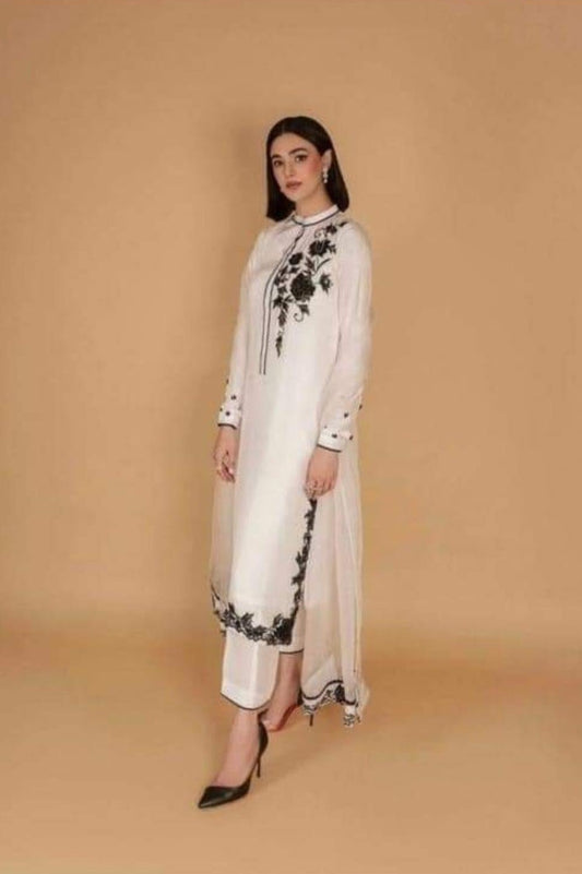 White with Black Embroidery Suit