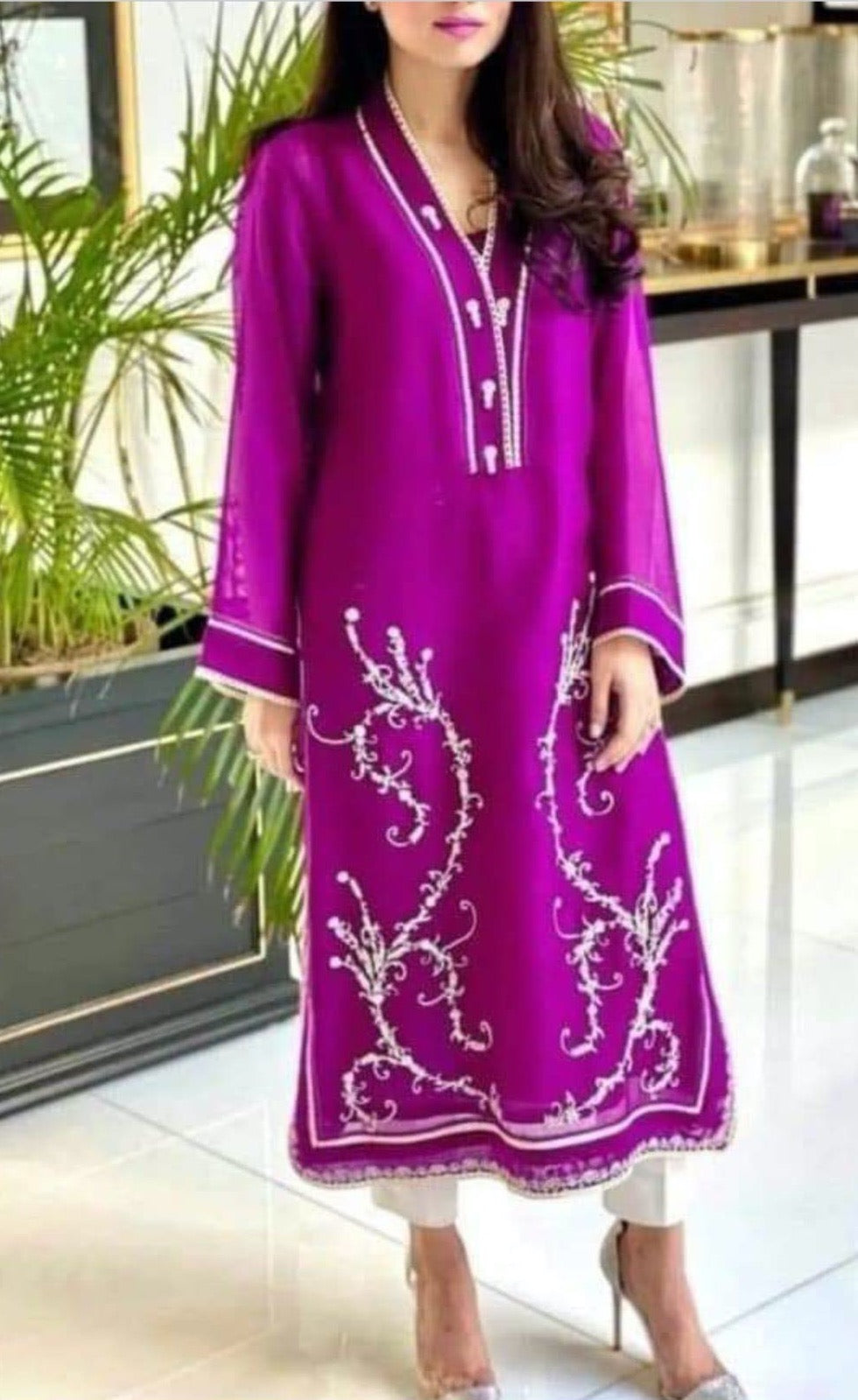 Fuschia and White Embroidered Ensemble