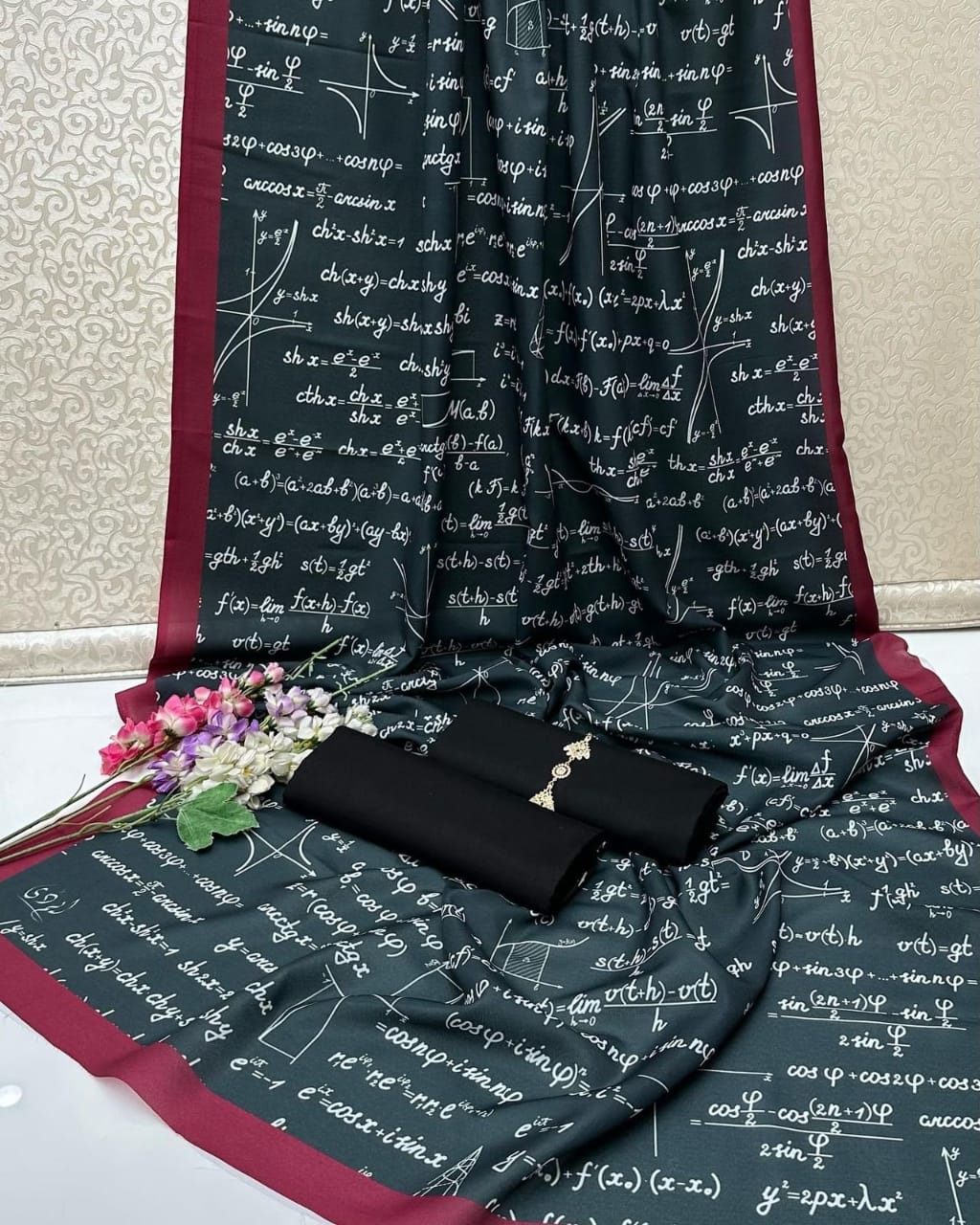 Calligraphy Digital Print Silk Dupatta with Kataan Silk Shirt and Trouser: A Stylish and Elegant Outfit for Any Occasion