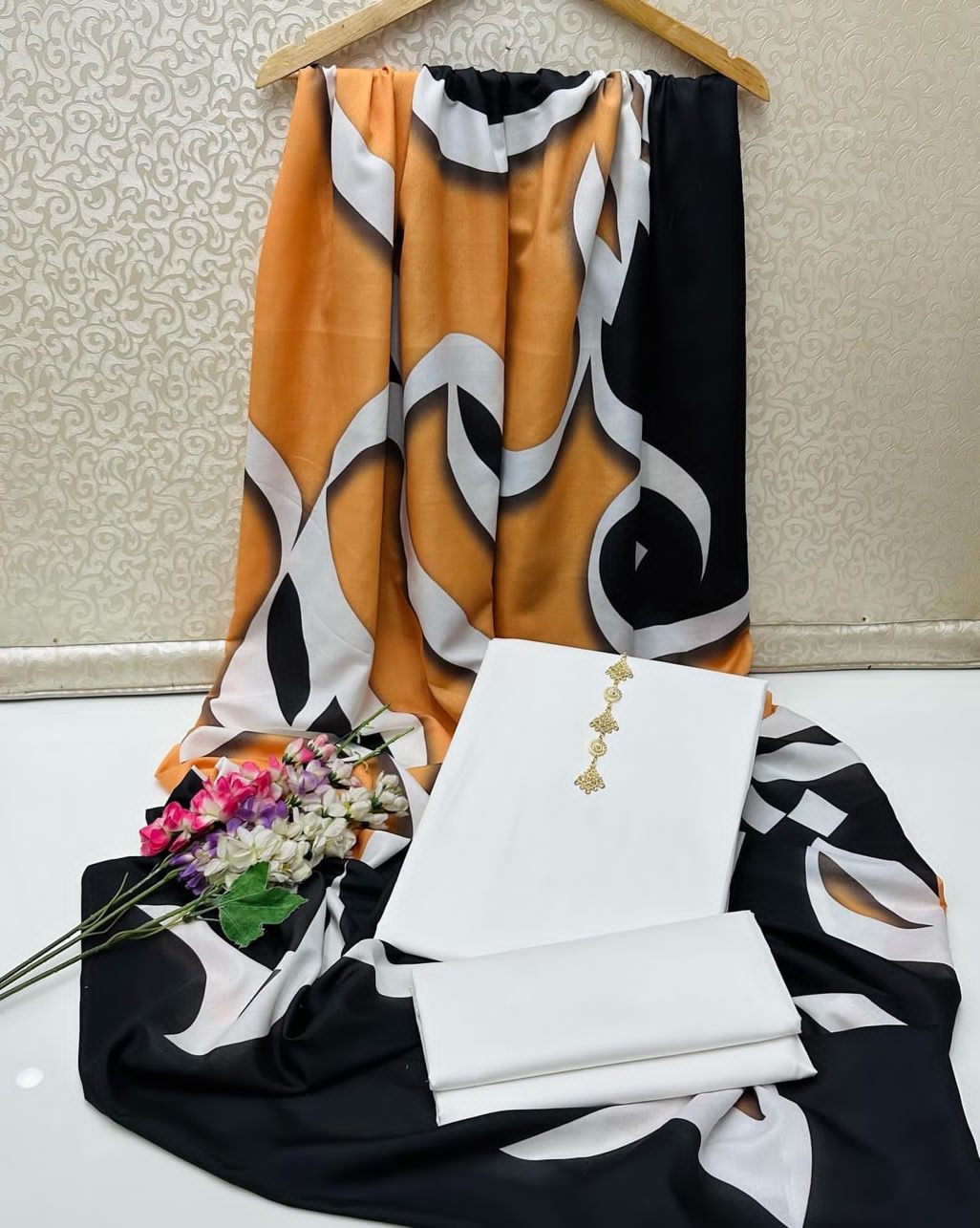 Calligraphy Digital Print Silk Dupatta with Kataan Silk Shirt and Trouser: A Stylish and Elegant Outfit for Any Occasion