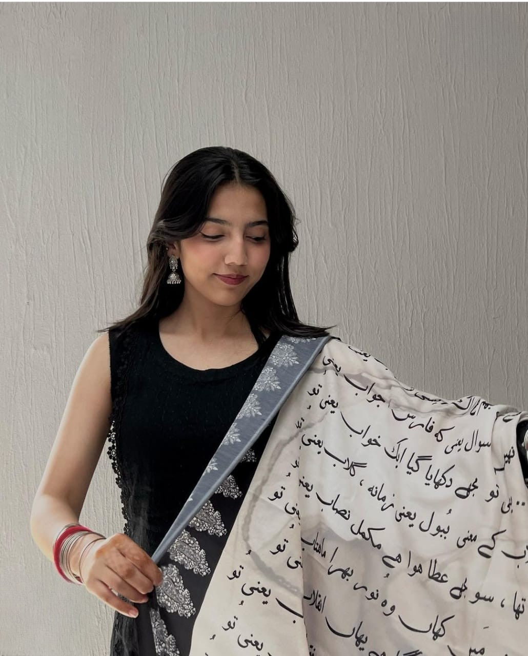 Calligraphy Digital Print Silk Dupatta with Kataan Silk Shirt and Trouser: A Stylish and Elegant Outfit for Any Occasion