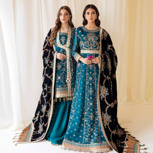 Chiffon Embroidered Suits with Embroidery Velvet Shawl and Embroidery Dupatta Unstitched 3 Piece Luxury Collection
