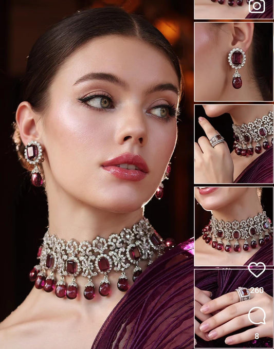 Real Silver Dark Pink Jewelry Set