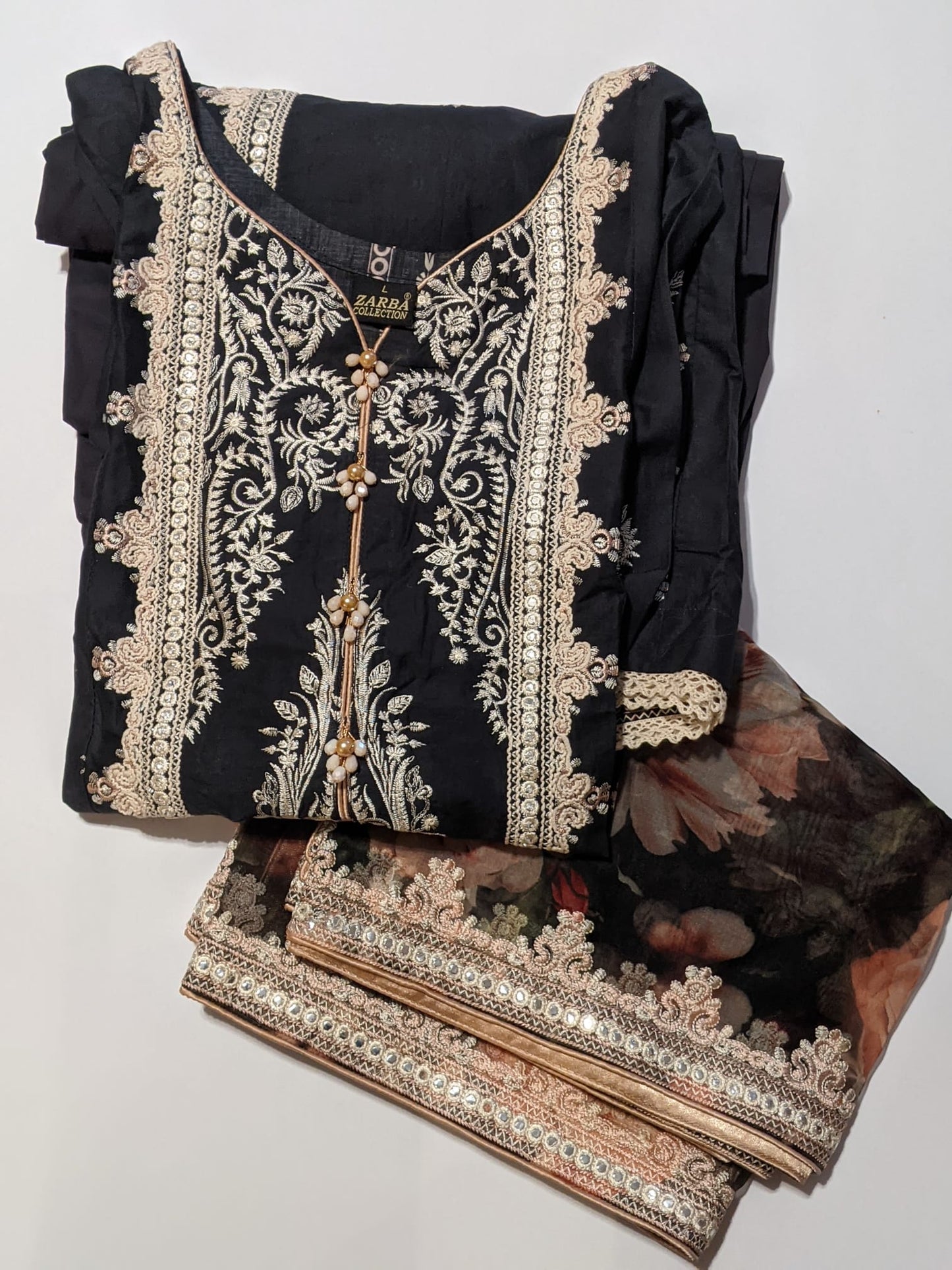 Black Cotton Embroidered Suit with Tissue Dupatta